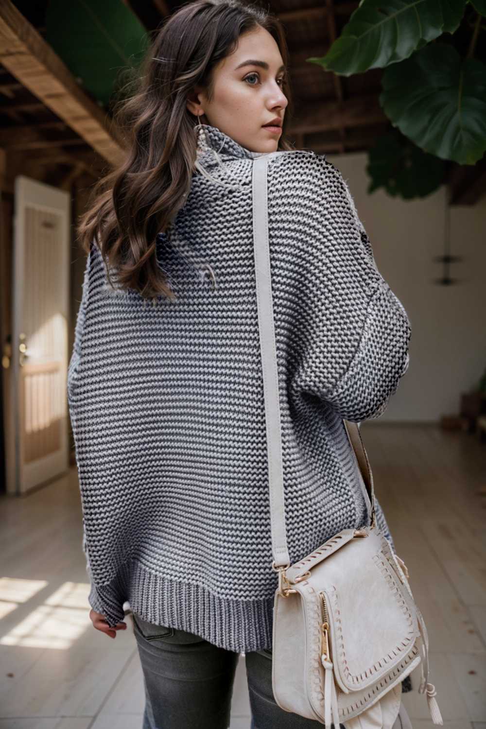 casual chunky knit mock neck long sleeve split pullover sweater 137215