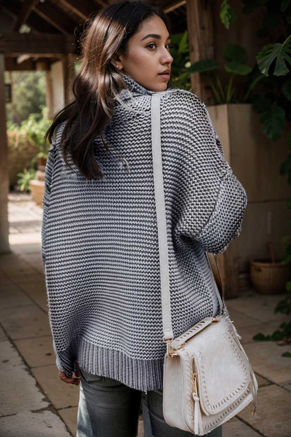 casual chunky knit mock neck long sleeve split pullover sweater 105589