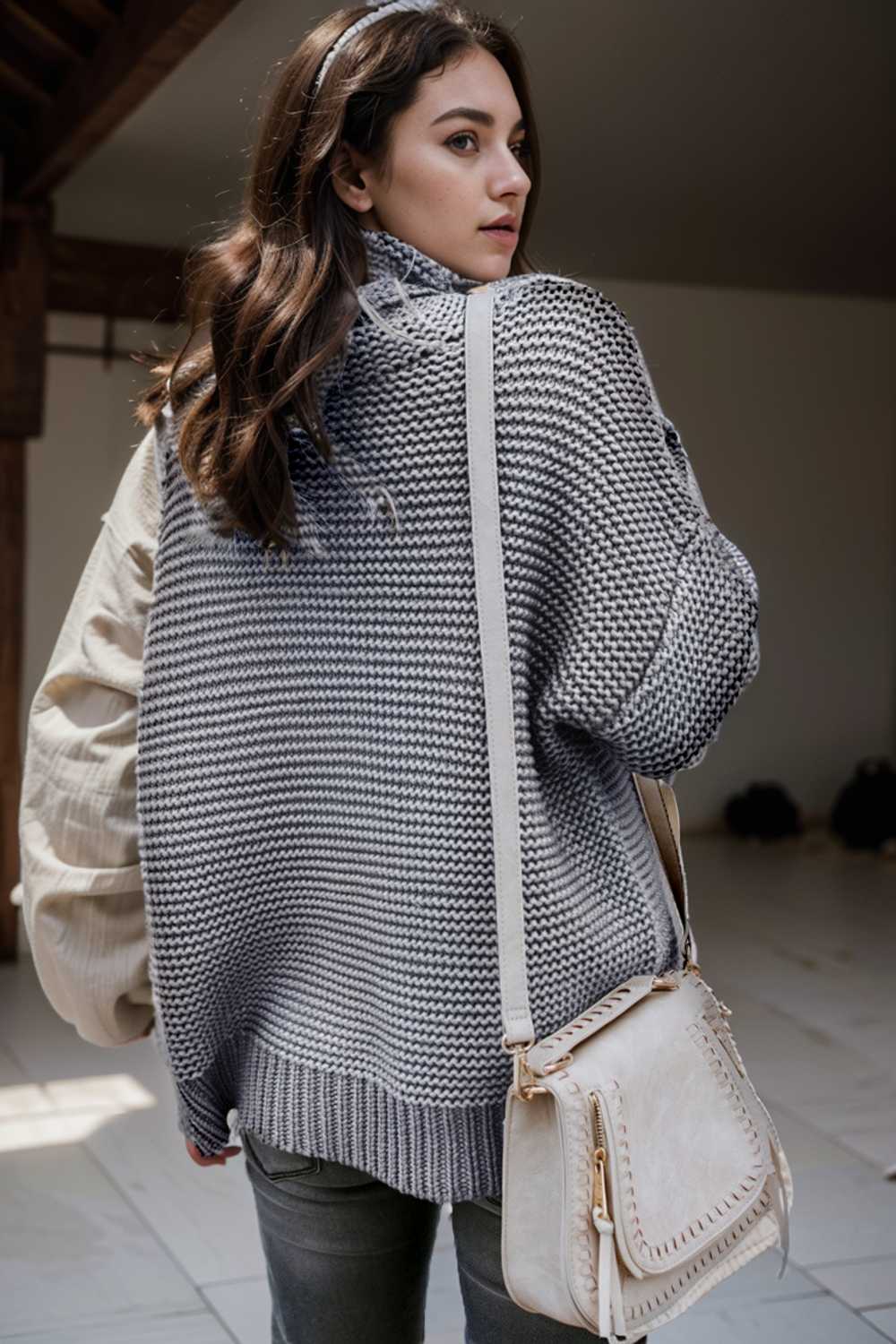 casual chunky knit mock neck long sleeve split pullover sweater 105588