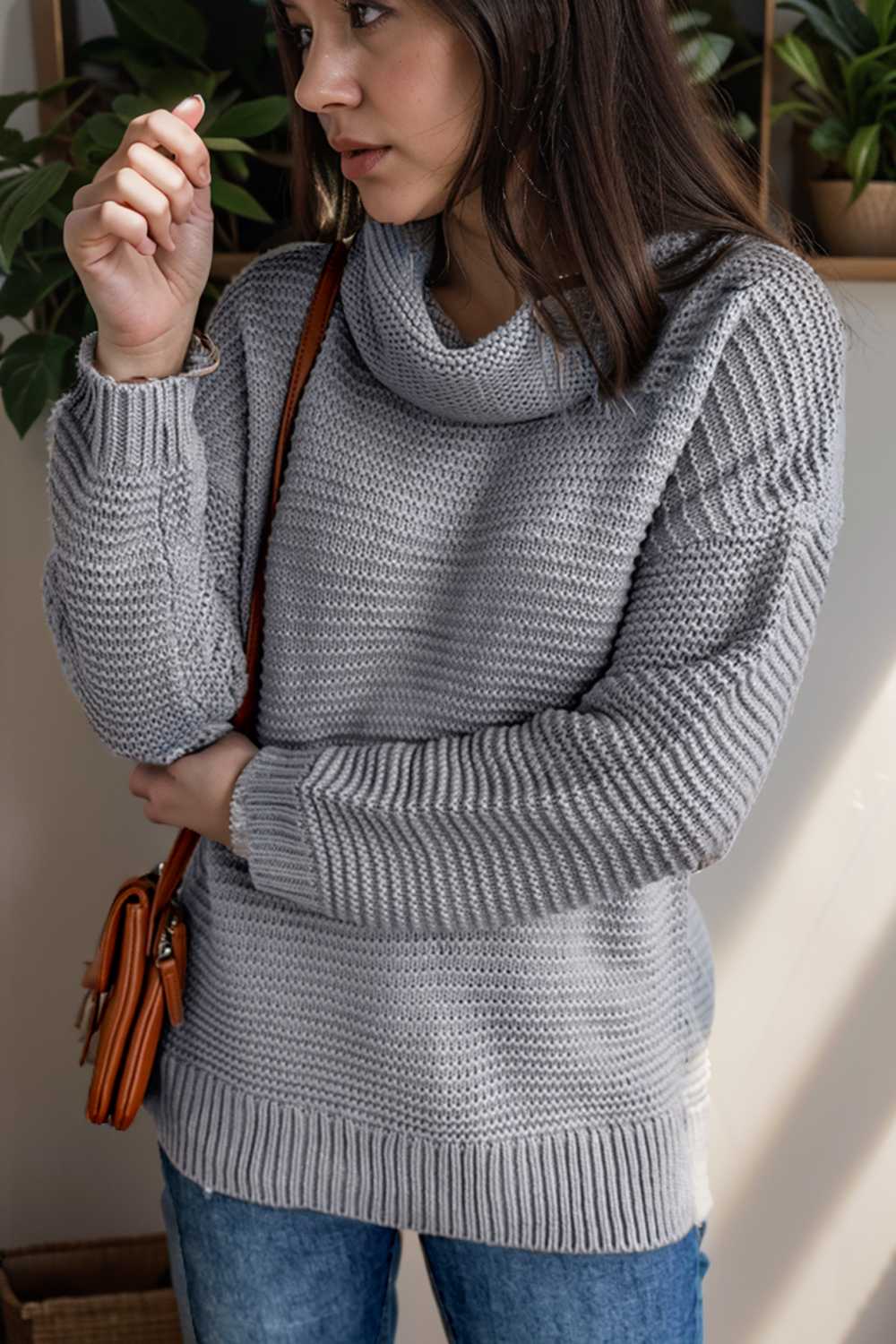 casual chunky knit mock neck long sleeve split pullover sweater 137206