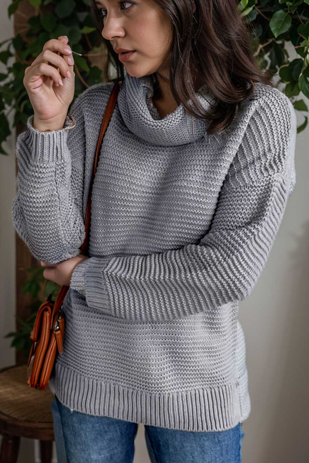 casual chunky knit mock neck long sleeve split pullover sweater 137190