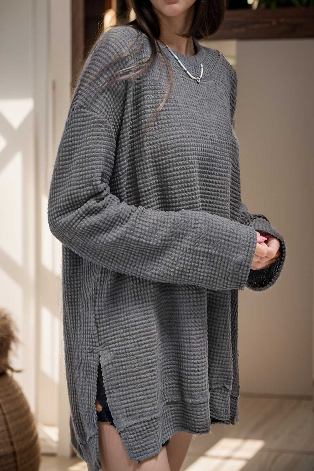 casual chunky knit mock neck long sleeve split pullover sweater 105587
