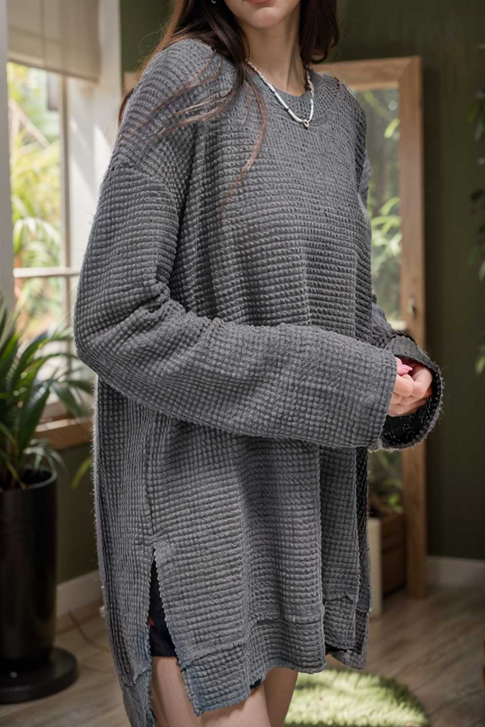 casual chunky knit mock neck long sleeve split pullover sweater 108133