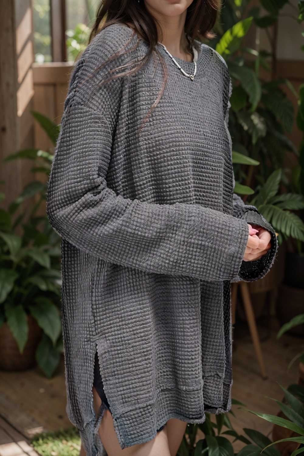 casual chunky knit mock neck long sleeve split pullover sweater 108608