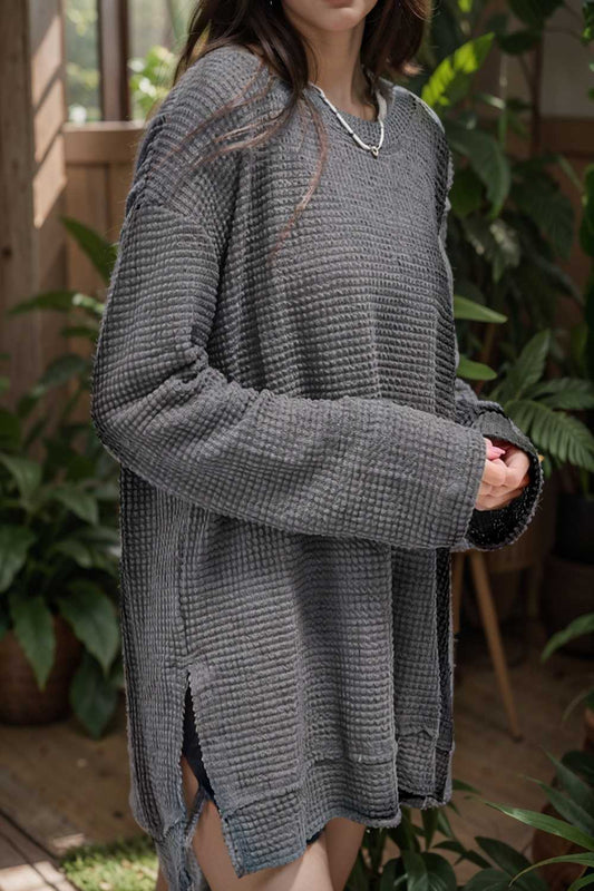 casual chunky knit mock neck long sleeve split pullover sweater 108608