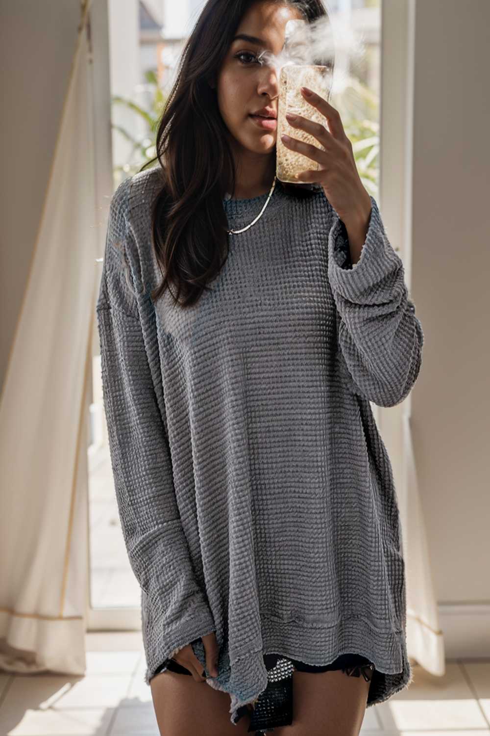 casual chunky knit mock neck long sleeve split pullover sweater 107101