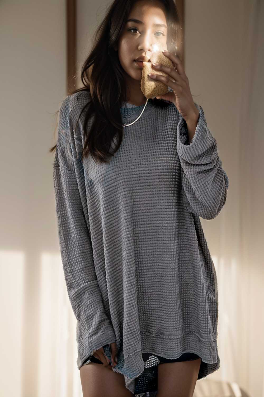 casual chunky knit mock neck long sleeve split pullover sweater 137166