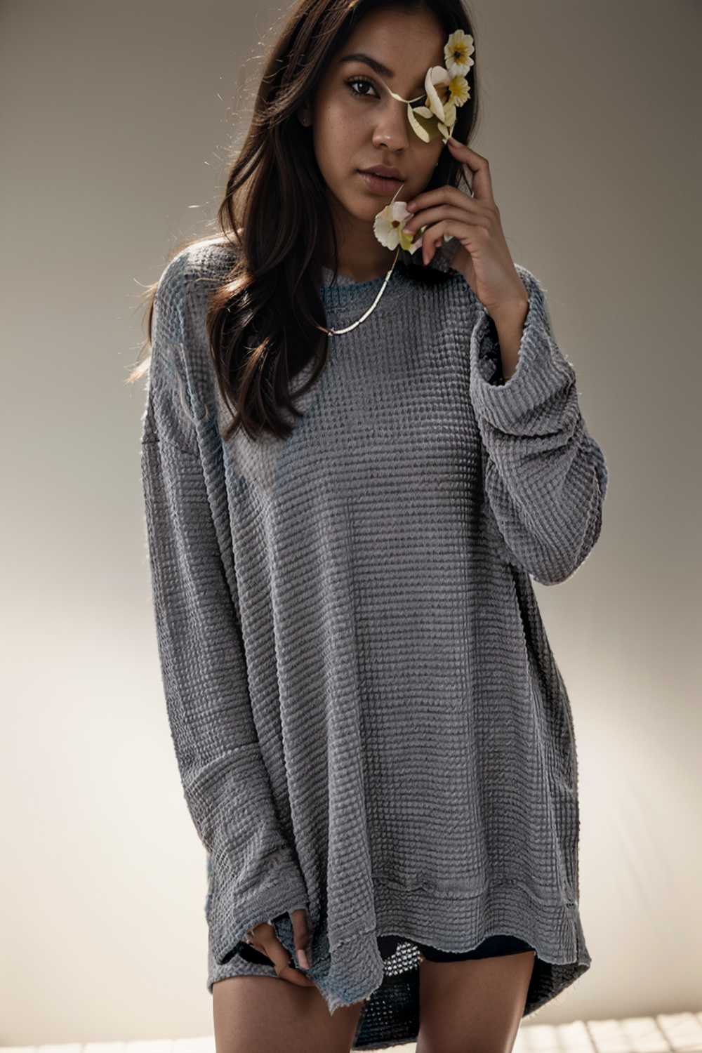 casual chunky knit mock neck long sleeve split pullover sweater 137157