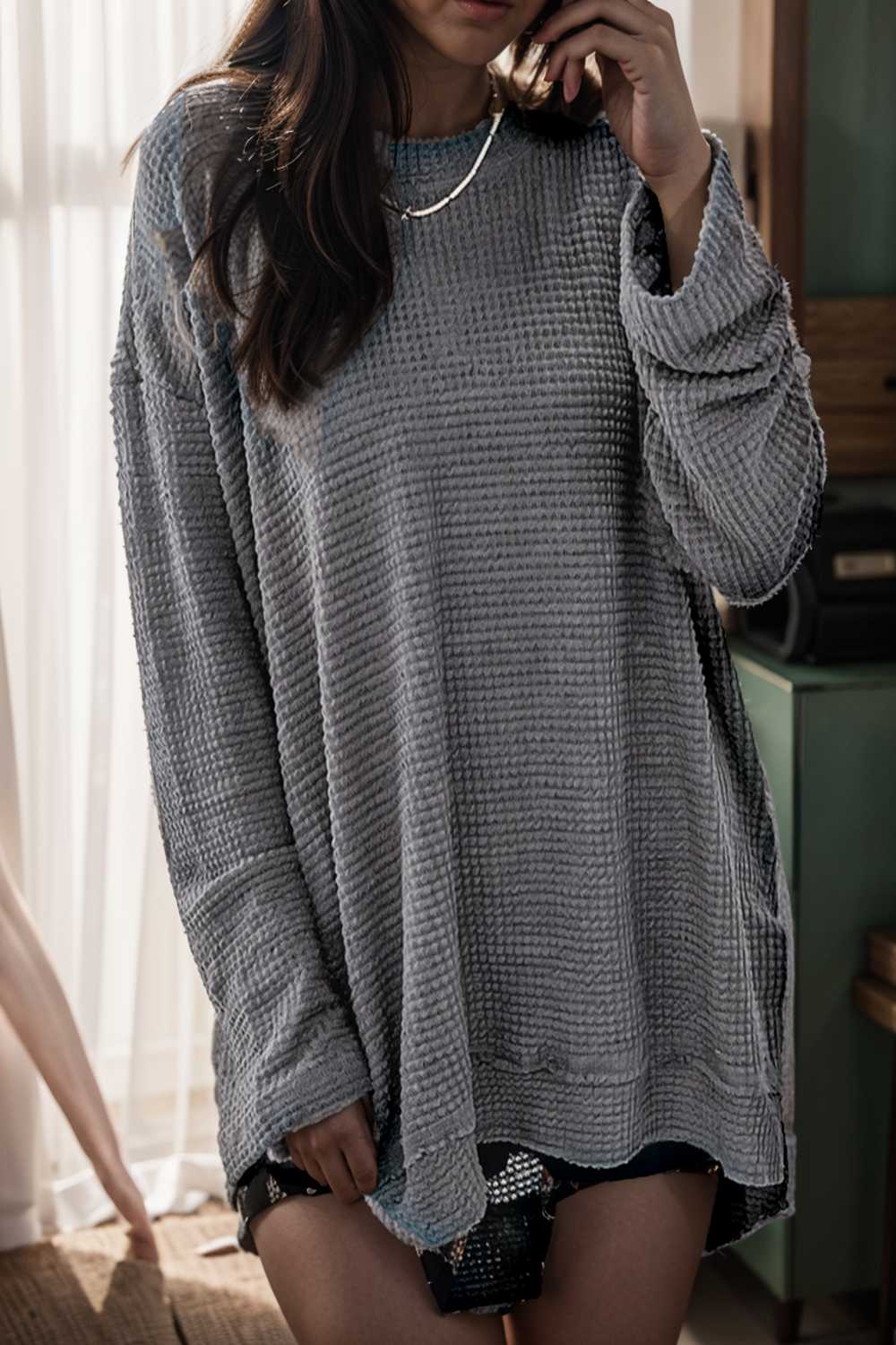 casual chunky knit mock neck long sleeve split pullover sweater 107094