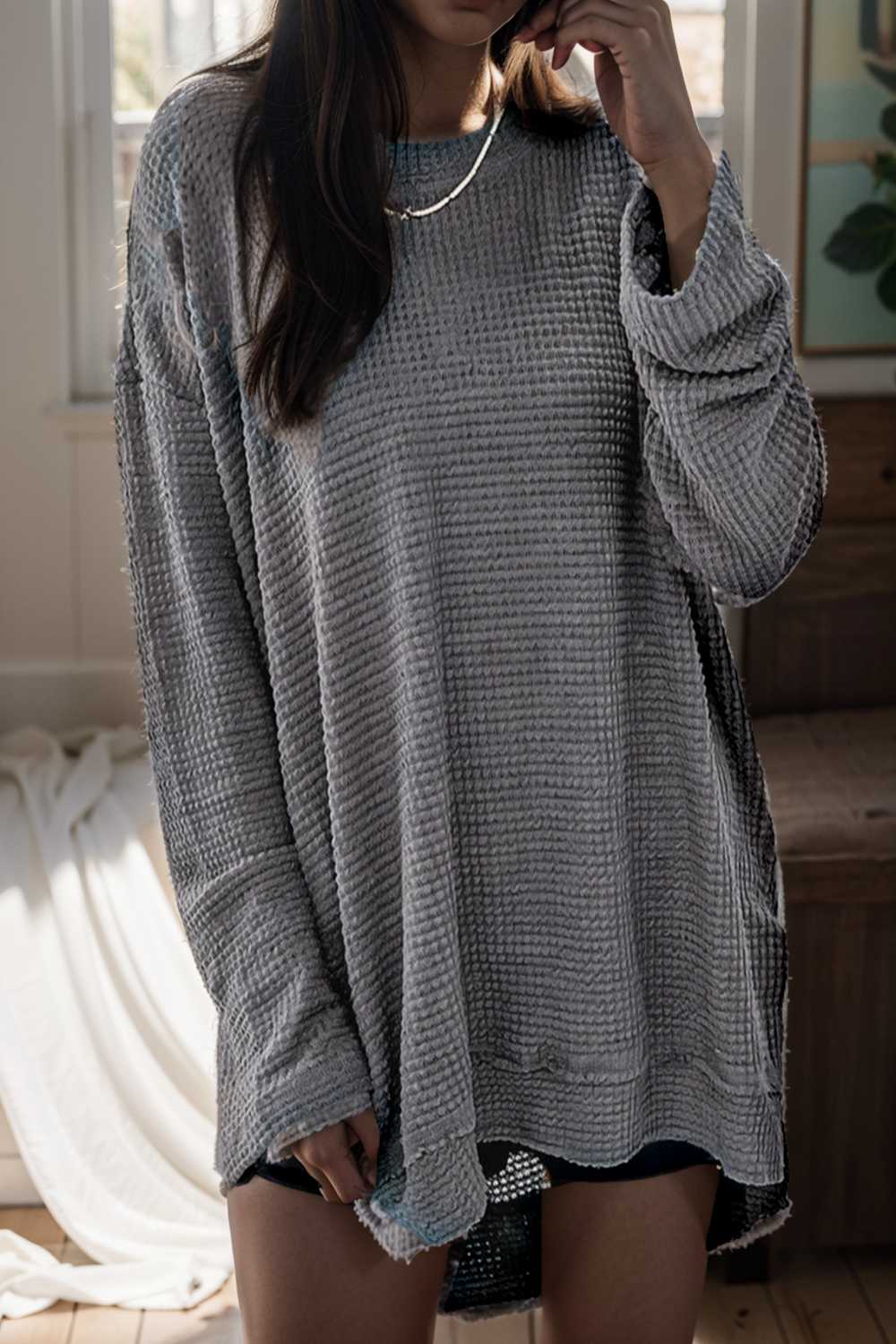 casual chunky knit mock neck long sleeve split pullover sweater 137148