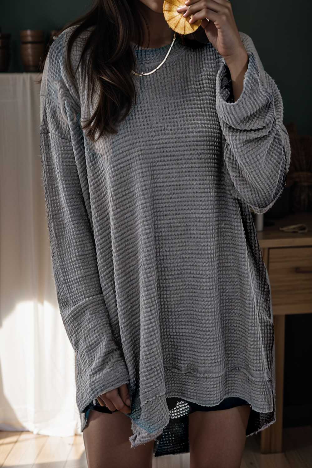 casual chunky knit mock neck long sleeve split pullover sweater 109450