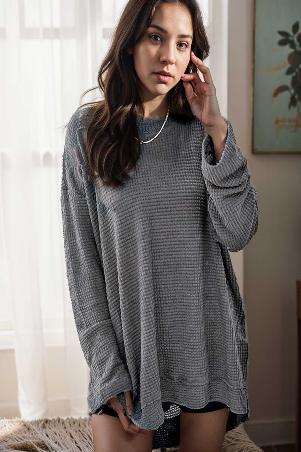 casual chunky knit mock neck long sleeve split pullover sweater 109442