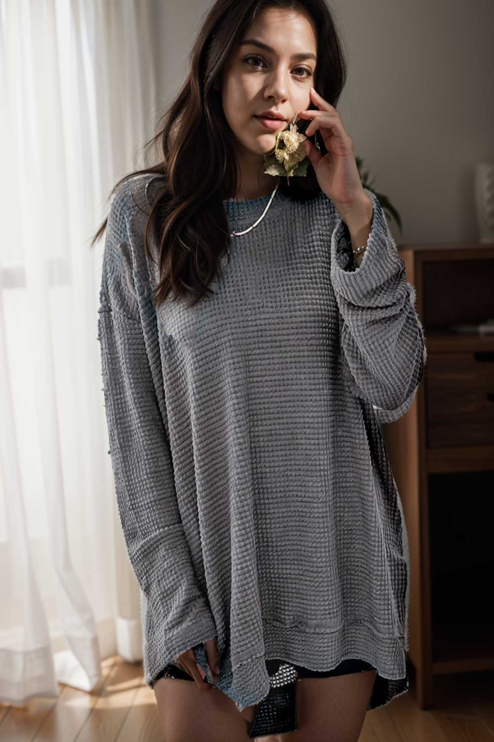 casual chunky knit mock neck long sleeve split pullover sweater 107084
