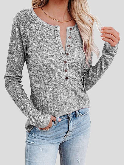 Casual Round Neck Button Long Sleeve T-Shirt