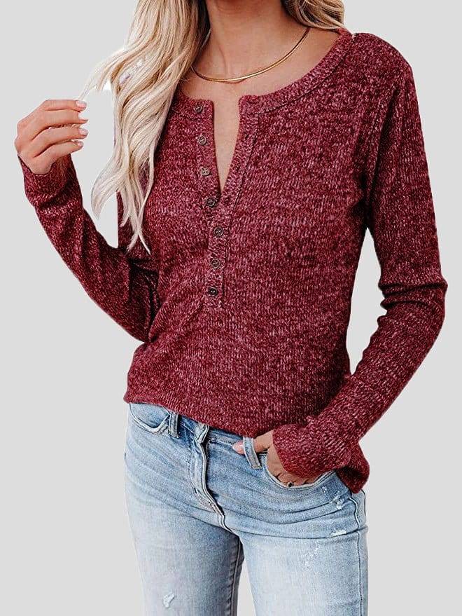 Casual Round Neck Button Long Sleeve T-Shirt