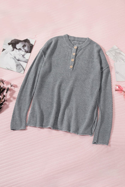 Casual Round Neck Button Long Sleeve T-Shirt