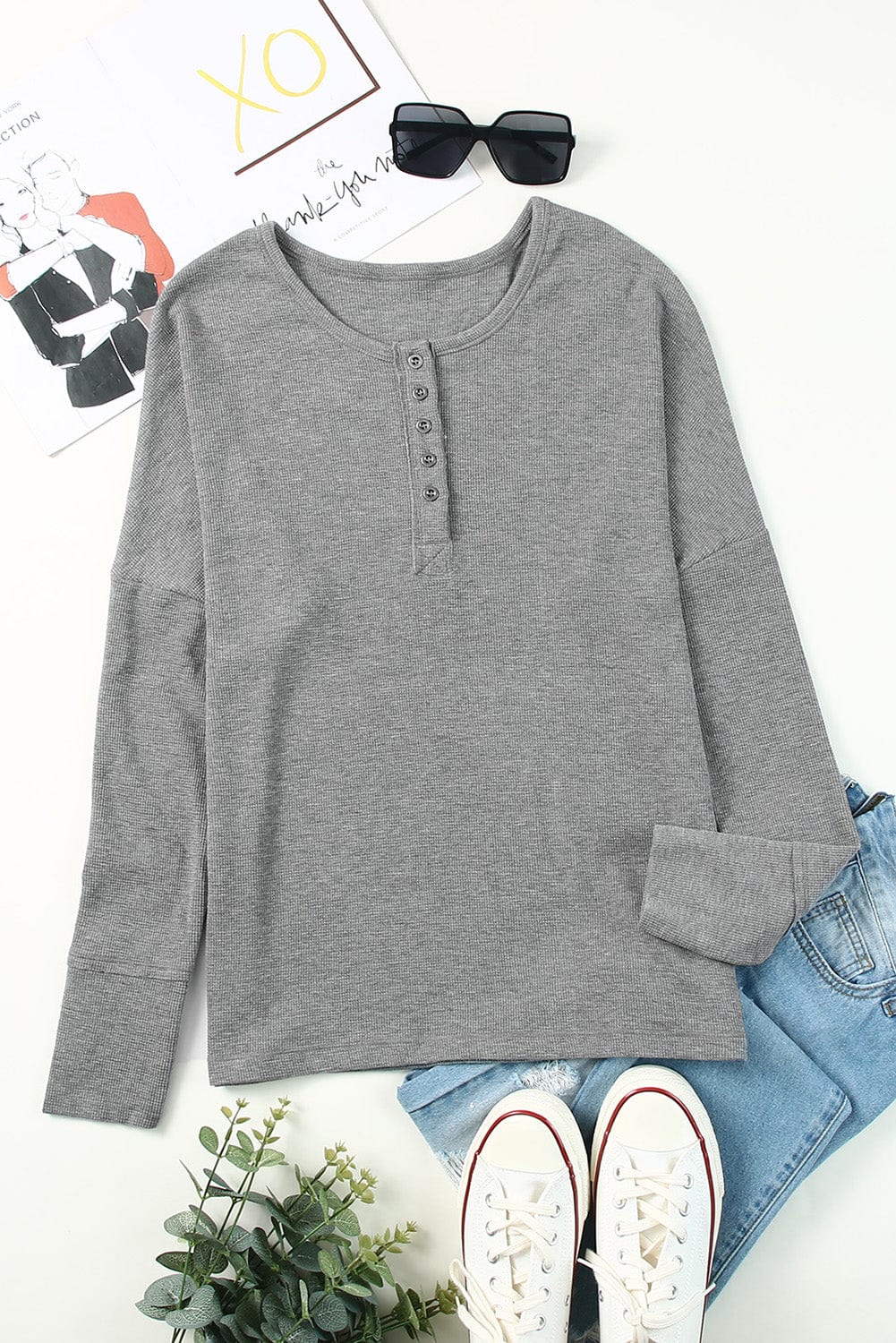 Casual Round Neck Button Long Sleeve T-Shirt