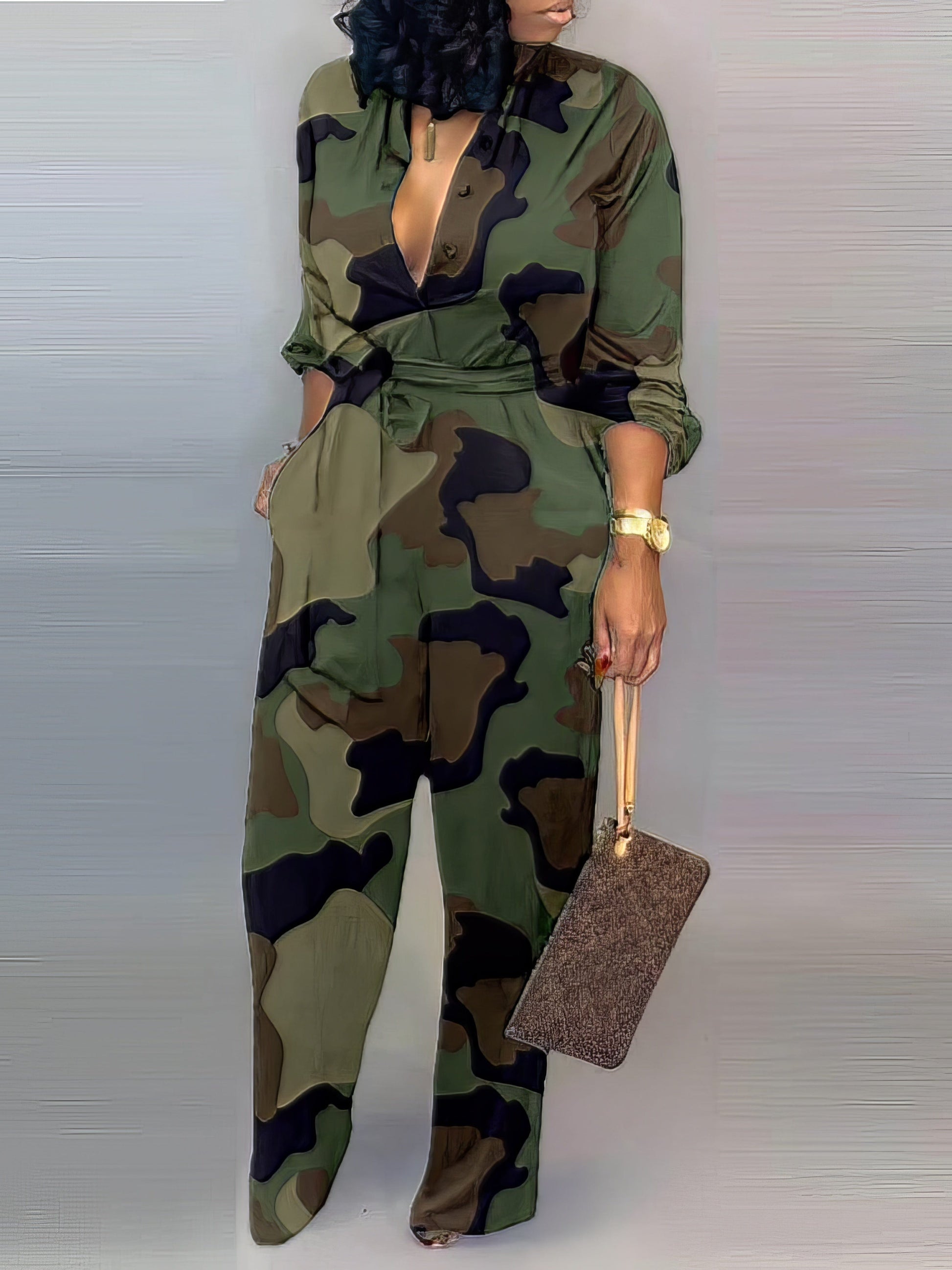 Casual V-Neck Jumpsuit with Letter Print & Knotted Detail