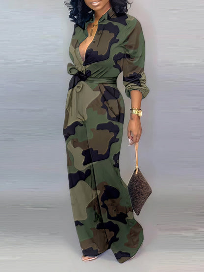 Casual V-Neck Jumpsuit with Letter Print & Knotted Detail