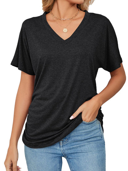 Casual V Neck Short Sleeve Solid Color Basic T-Shirt