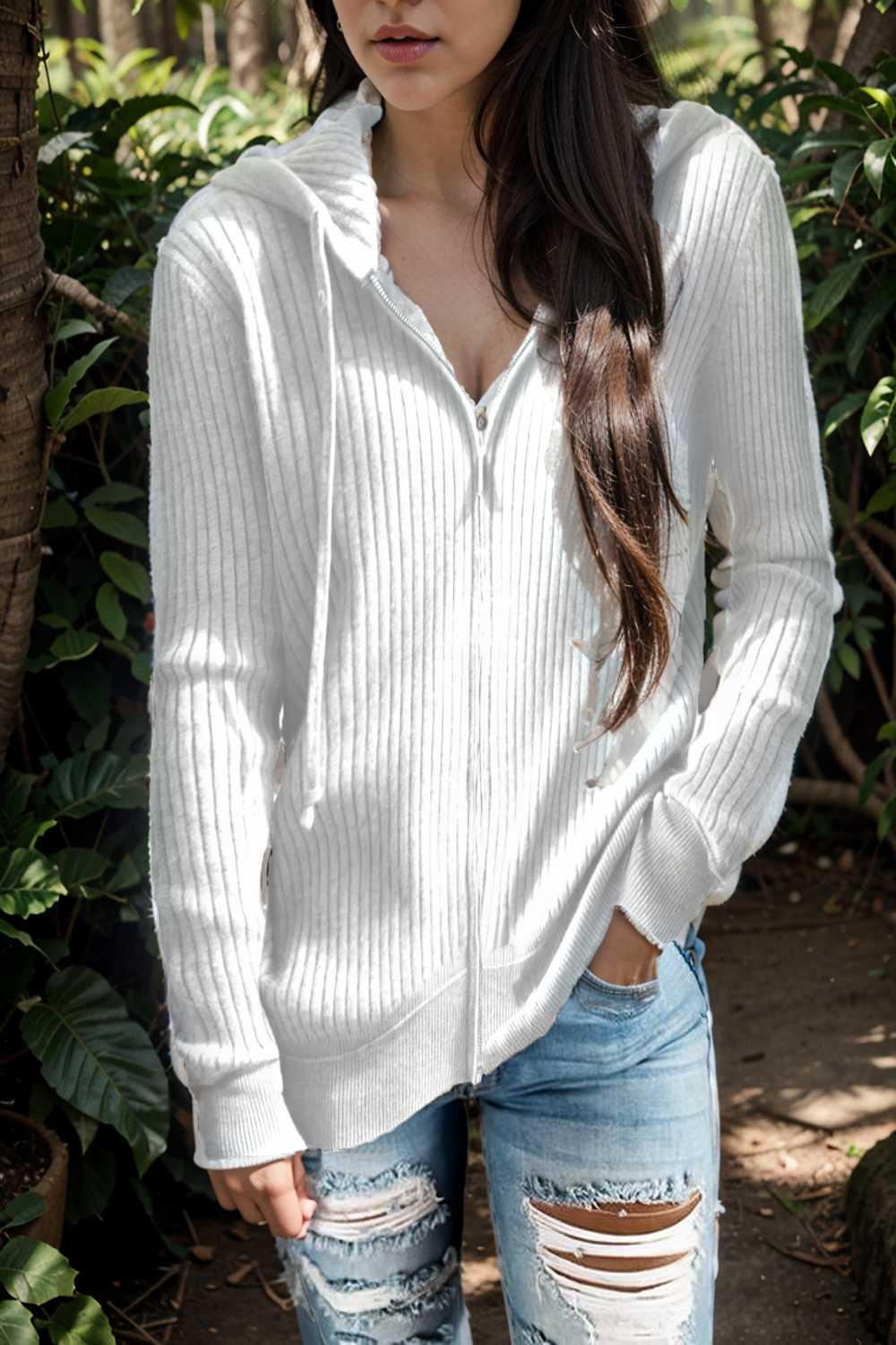 casual zip cardigan long sleeve knit hoodie shirt drop shoulder v neck closed jewel 108081
