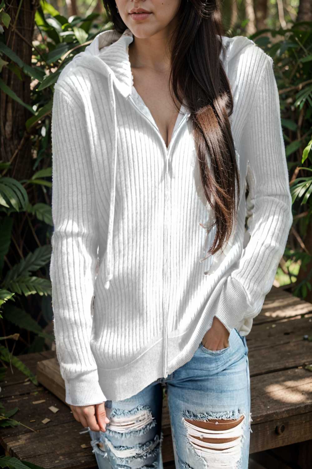 casual zip cardigan long sleeve knit hoodie shirt drop shoulder v neck closed jewel 107083