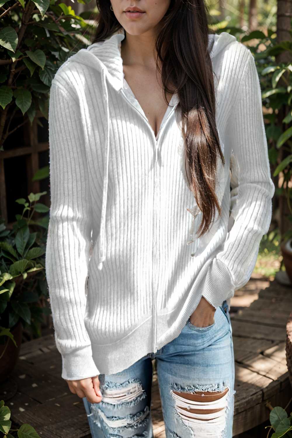 casual zip cardigan long sleeve knit hoodie shirt drop shoulder v neck closed jewel 107082
