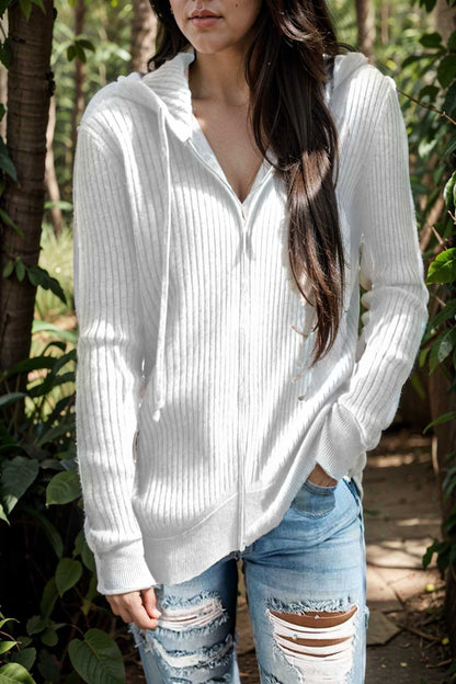 casual zip cardigan long sleeve knit hoodie shirt drop shoulder v neck closed jewel 107081