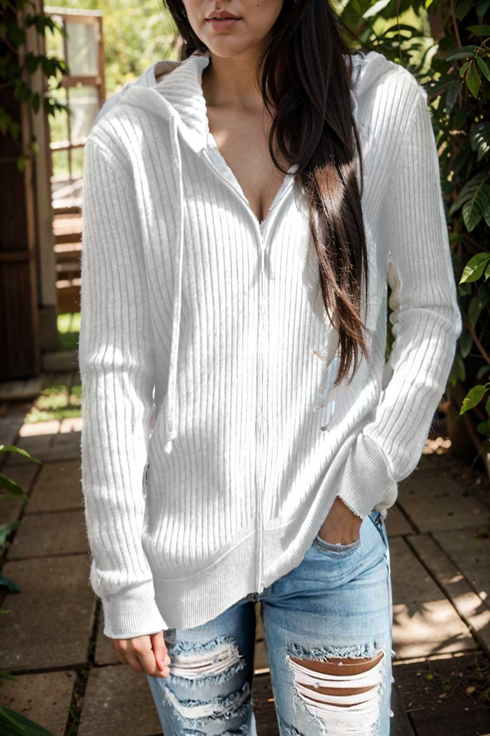 casual zip cardigan long sleeve knit hoodie shirt drop shoulder v neck closed jewel 107080