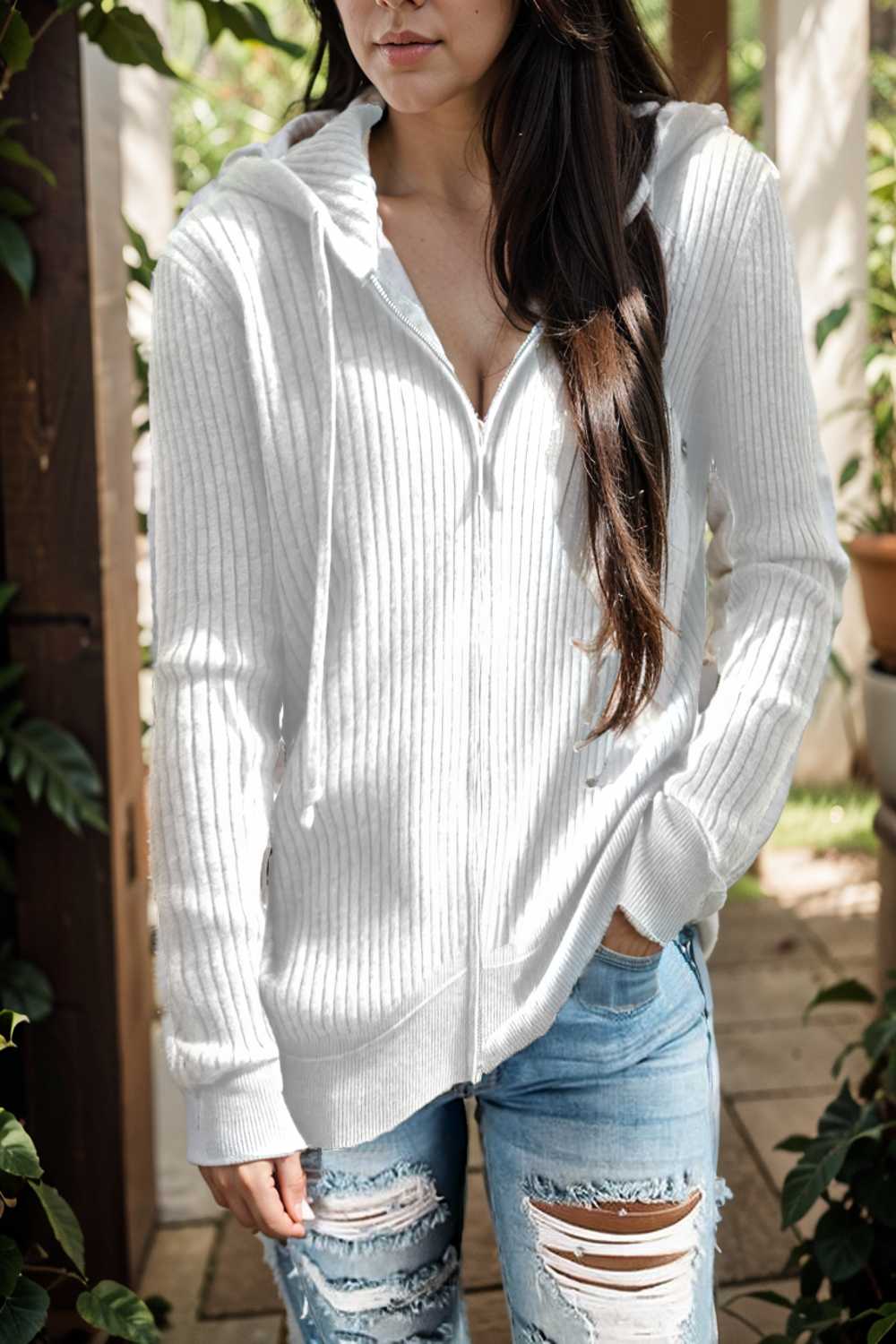 casual zip cardigan long sleeve knit hoodie shirt drop shoulder v neck closed jewel 107079