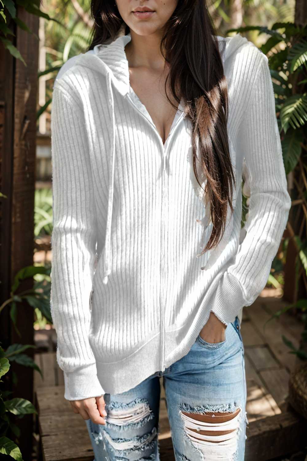 casual zip cardigan long sleeve knit hoodie shirt drop shoulder v neck closed jewel 107078