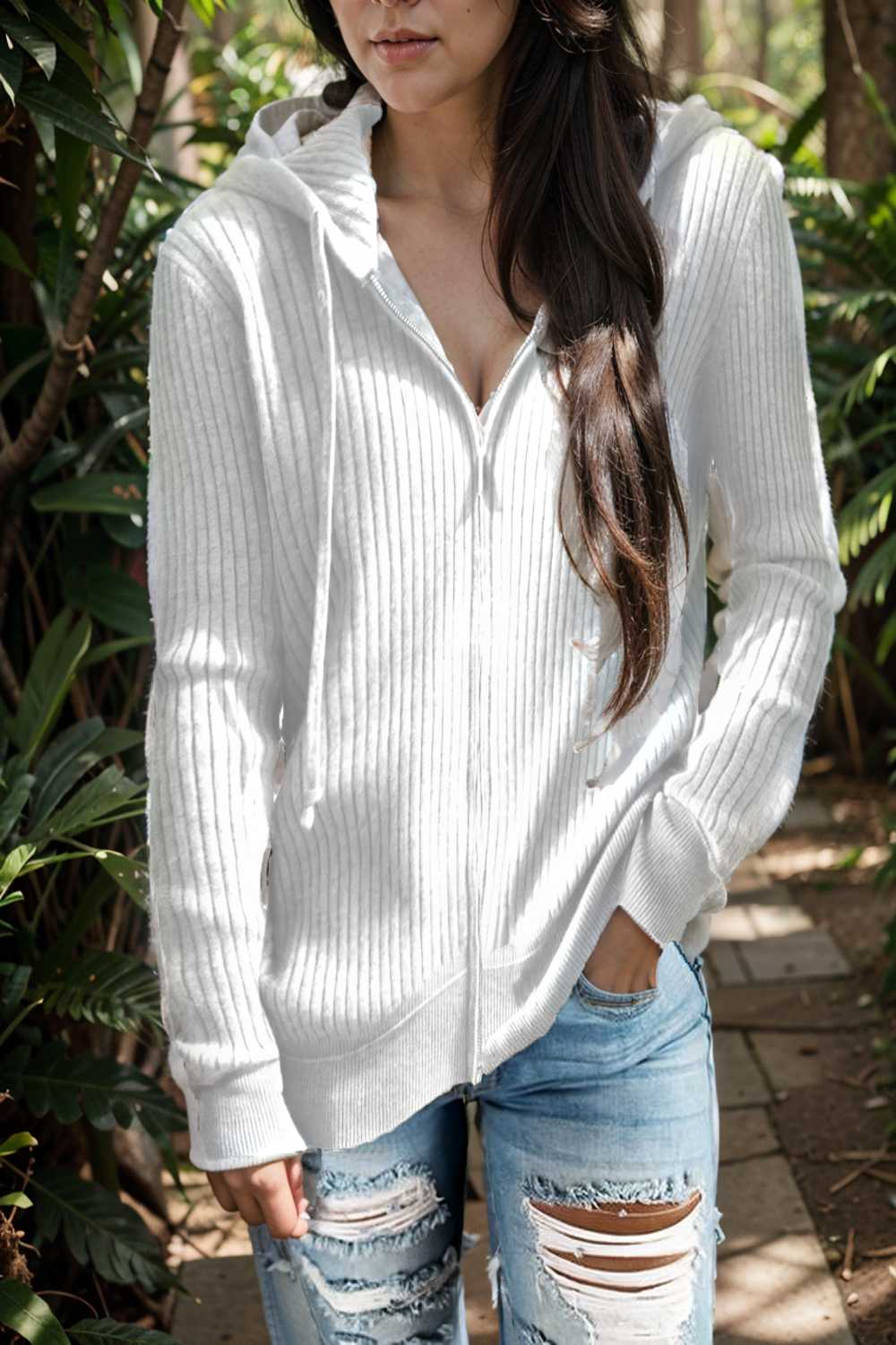 casual zip cardigan long sleeve knit hoodie shirt drop shoulder v neck closed jewel 107077