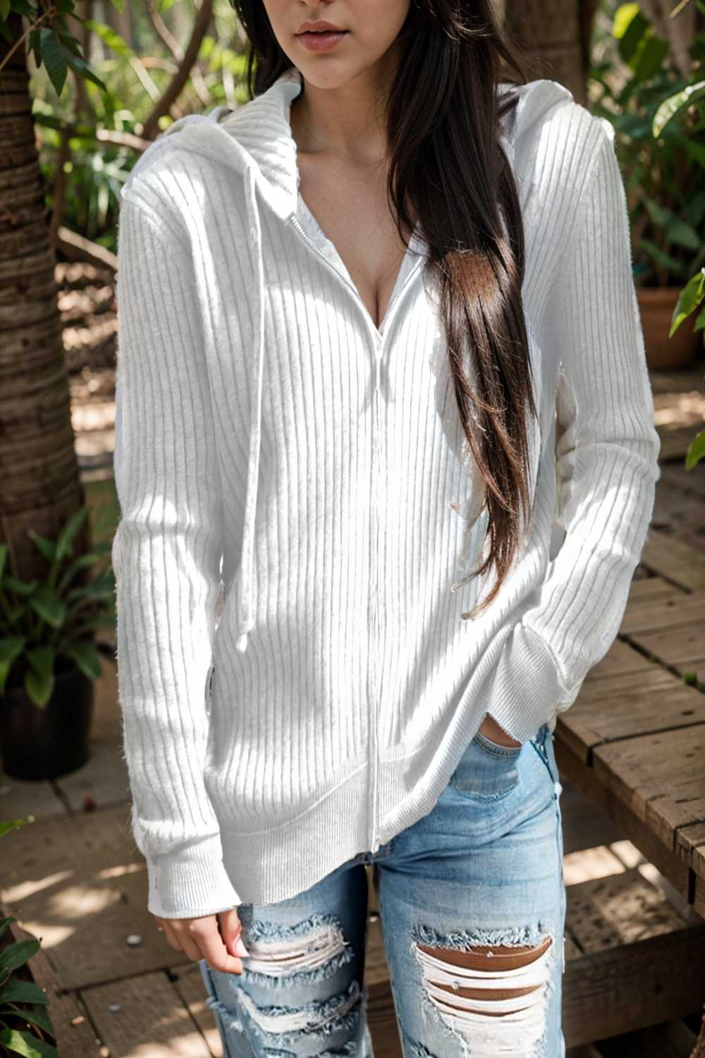casual zip cardigan long sleeve knit hoodie shirt drop shoulder v neck closed jewel 109425
