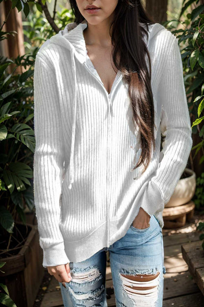 casual zip cardigan long sleeve knit hoodie shirt drop shoulder v neck closed jewel 109421