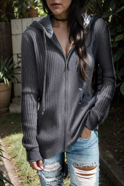 casual zip cardigan long sleeve knit hoodie shirt drop shoulder v neck closed jewel 106663