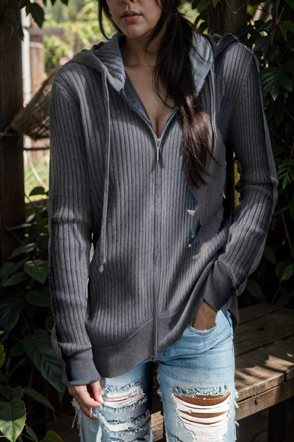 casual zip cardigan long sleeve knit hoodie shirt drop shoulder v neck closed jewel 107076