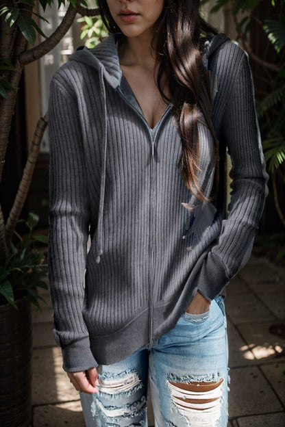 casual zip cardigan long sleeve knit hoodie shirt drop shoulder v neck closed jewel 105583