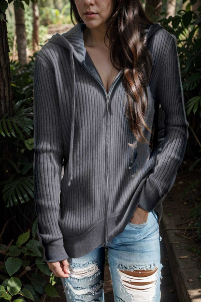 casual zip cardigan long sleeve knit hoodie shirt drop shoulder v neck closed jewel 107075