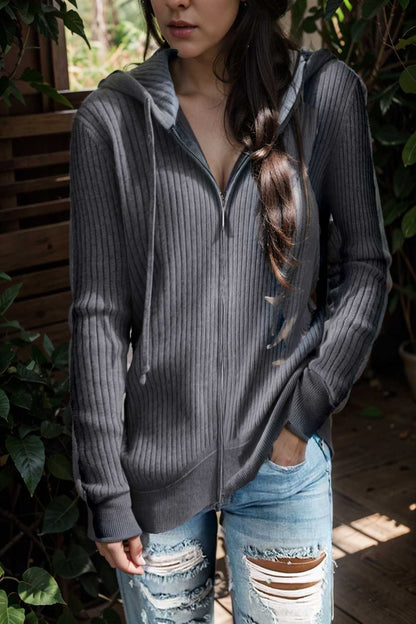 casual zip cardigan long sleeve knit hoodie shirt drop shoulder v neck closed jewel 109419