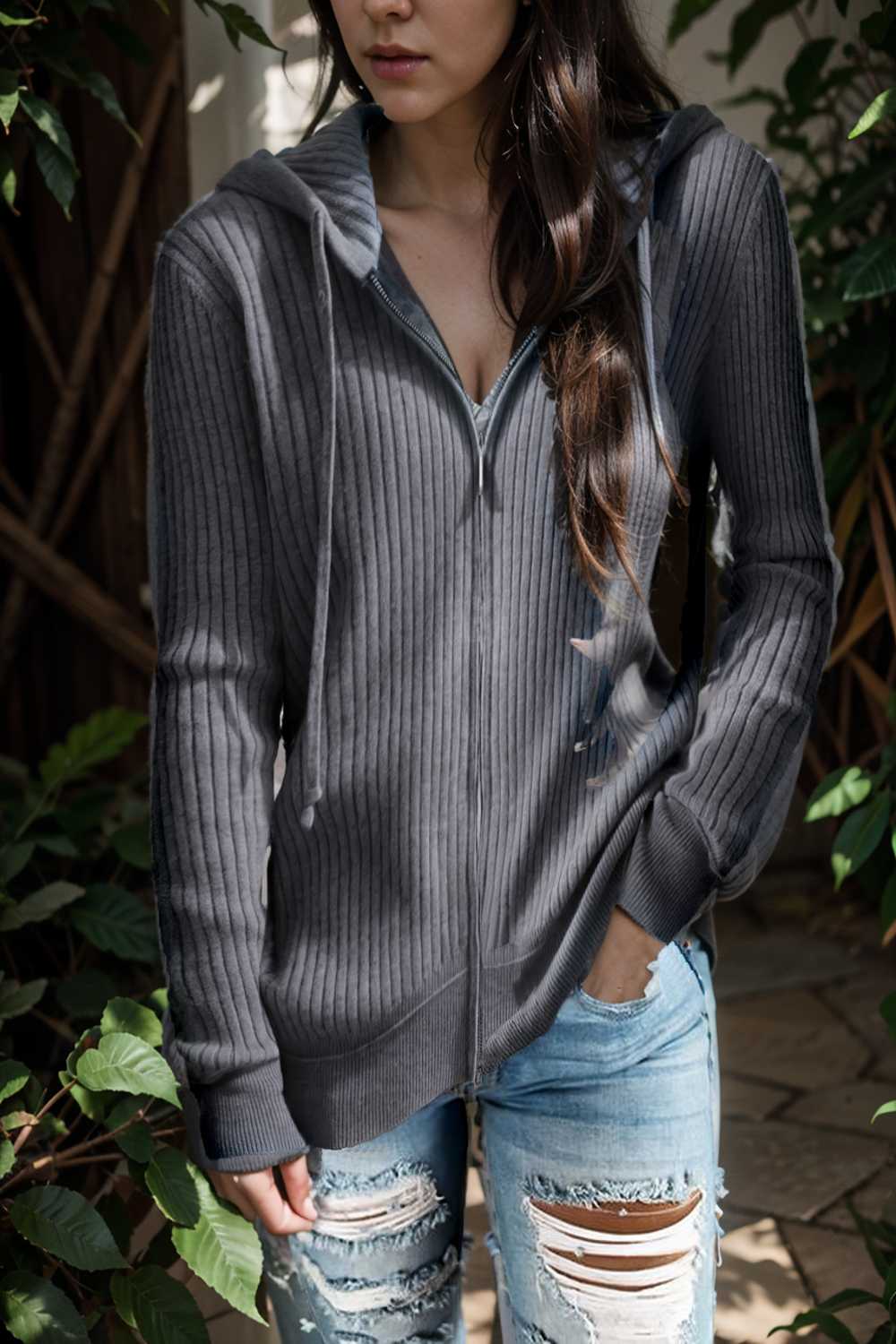 casual zip cardigan long sleeve knit hoodie shirt drop shoulder v neck closed jewel 105114