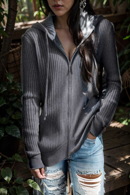 casual zip cardigan long sleeve knit hoodie shirt drop shoulder v neck closed jewel 109418