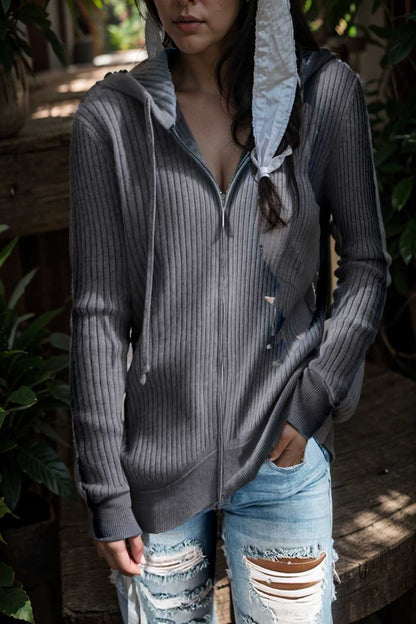 casual zip cardigan long sleeve knit hoodie shirt drop shoulder v neck closed jewel 107074