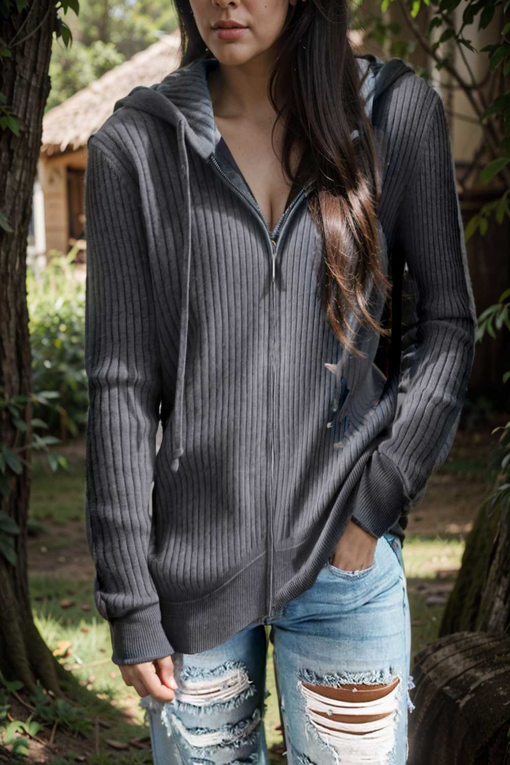 casual zip cardigan long sleeve knit hoodie shirt drop shoulder v neck closed jewel 107073