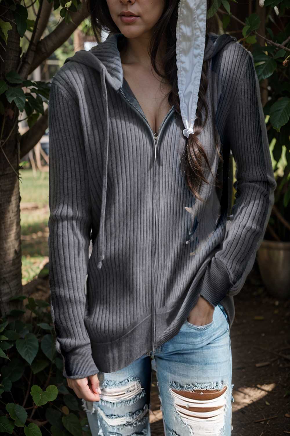 casual zip cardigan long sleeve knit hoodie shirt drop shoulder v neck closed jewel 107072