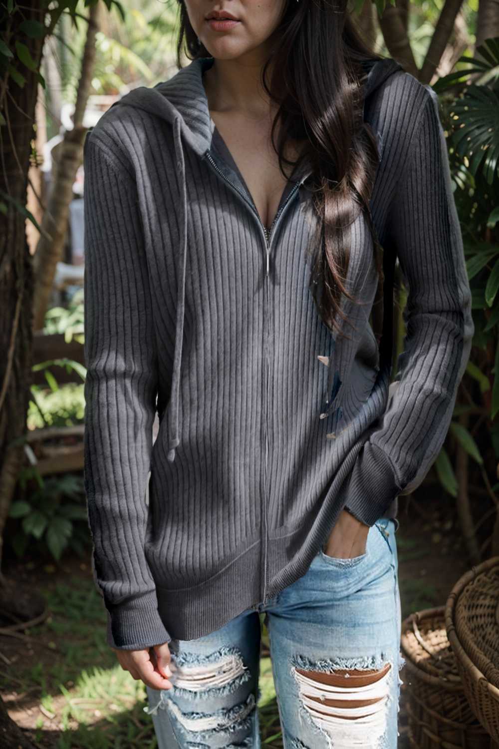 casual zip cardigan long sleeve knit hoodie shirt drop shoulder v neck closed jewel 107071