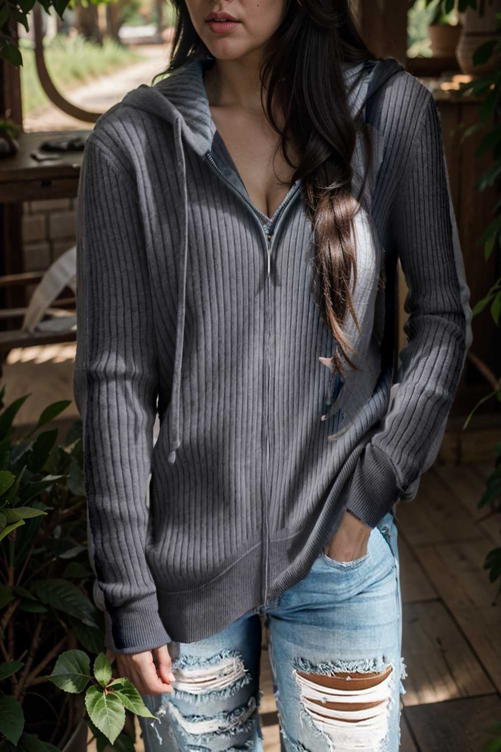 casual zip cardigan long sleeve knit hoodie shirt drop shoulder v neck closed jewel 107070