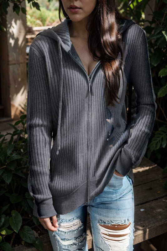 casual zip cardigan long sleeve knit hoodie shirt drop shoulder v neck closed jewel 109412
