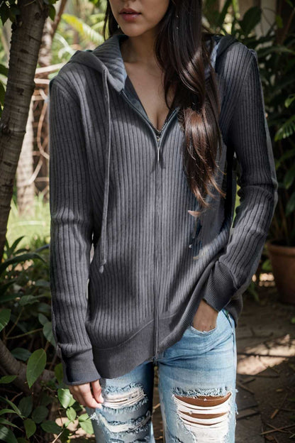 casual zip cardigan long sleeve knit hoodie shirt drop shoulder v neck closed jewel 107214