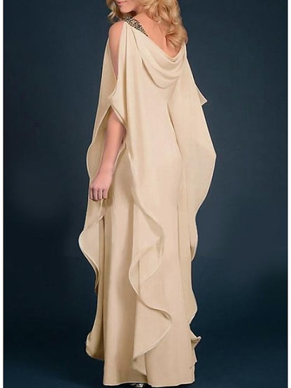 Sheath / Column Mother of the Bride Dress Plus Size Elegant Jewel Neck Floor Length Chiffon Half Sleeve with Beading Cascading Ruffles 2023 - LuckyFash™