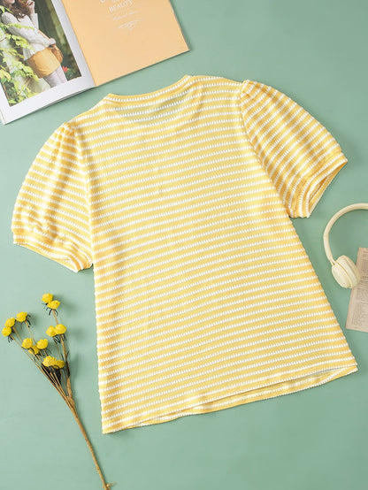 Yellow Stripe Short Puff Sleeve Plus Size Jumper